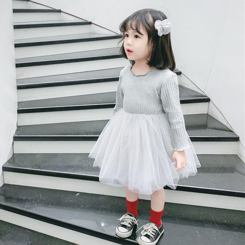 Весенние и осенние платья для девочек, детский трикотаж с длинными рукавами, кружевные платья принцессы, праздничные платья-пачки для девочек 1–7 лет