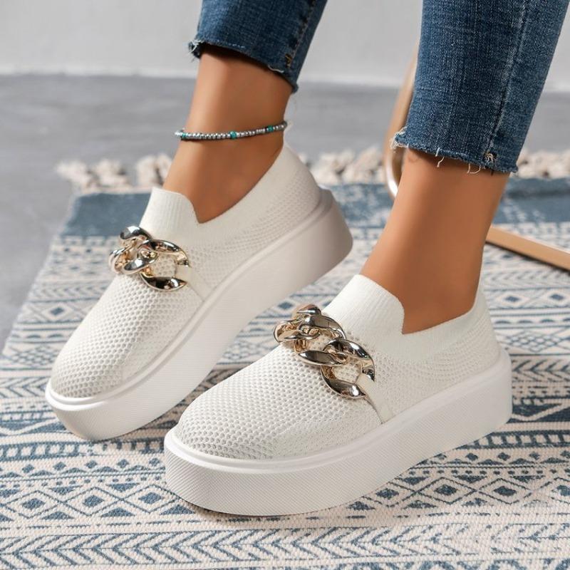 Толстая подошва Fly Woven дышащие низкие туфли-лодочки, женские мокасины с цепочным декором