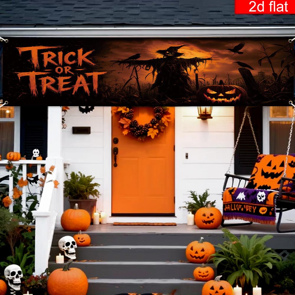 Halloween Yard Sign Party Banner, Twilight Scarecrow Glowing Pumpkin Crow Trick or Treat Pattern, Polyester Outdoor Courtyard Fence Decoration