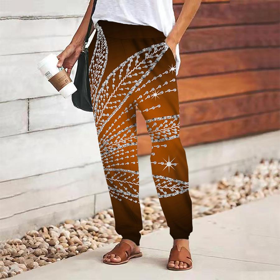 Women Flash Diamond Printing Pants Lace Up Elastic Waist Loose Trousers Casual Long Pants Trousers with Pockets