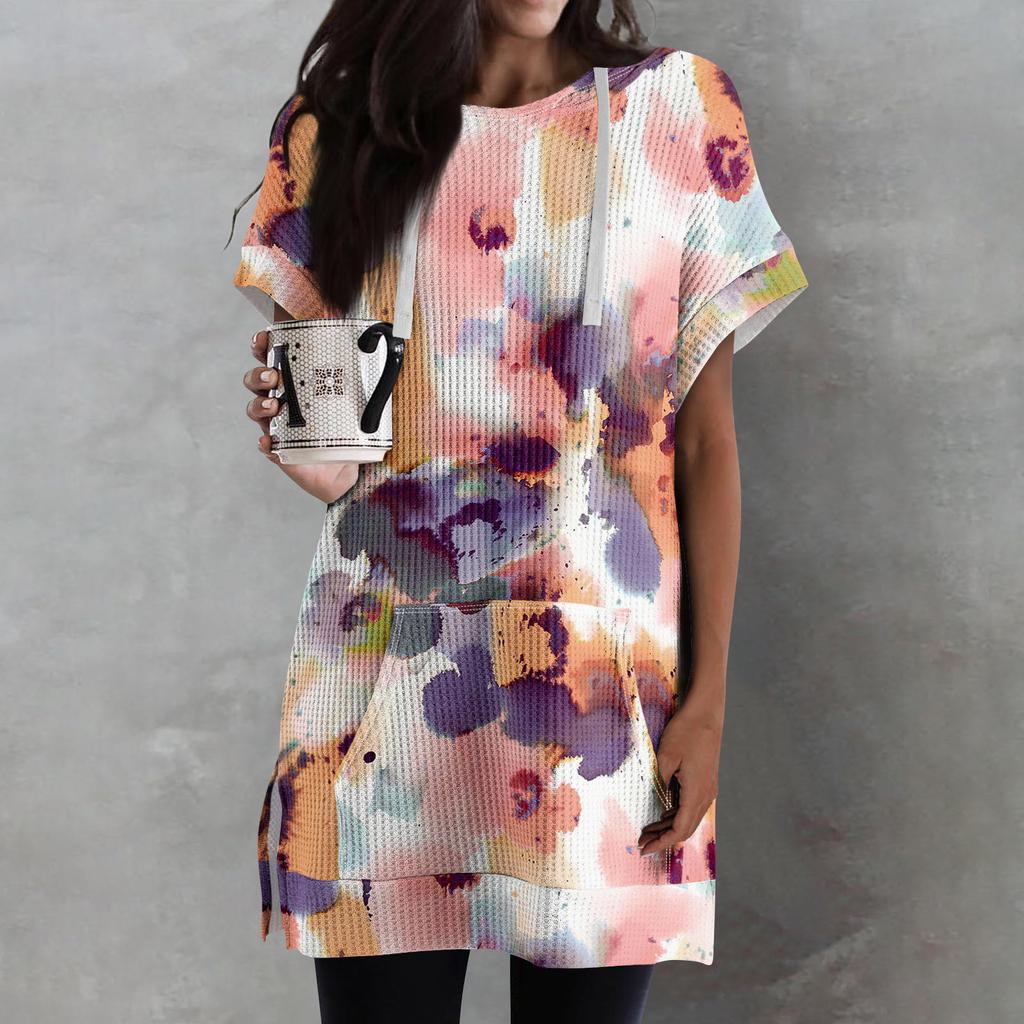 Женские свободные рубашки с принтом, толстовки с короткими рукавами и шнурком, вязаная туника с боковыми разрезами, топы с капюшоном и карманом