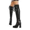 Sung Fit Thigh High Boots Women's Over the Knee Boots Front Bandage Belt Buckles Decor Chunky Heels Shoes