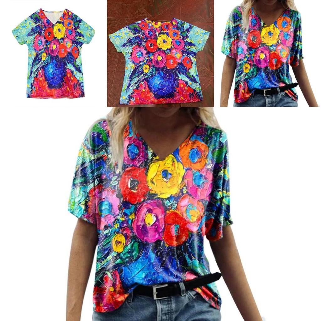 Summer Casual T Shirt With Floral Print And V Neck For Women