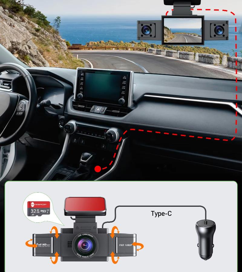 3 Channel Dash Cam Video Recorder Three Lens Front Back Left Car Camera with Rear View DVR 1080P Monitor Black Box Car Accessories