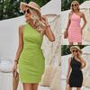 Women Summer Casual Slim Sleeveless Dress Solid Color A-Line High Waist Strap Short Dresses Spring Slanted Shoulder S XS XL