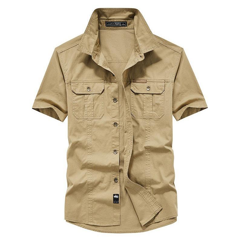 Мужская рубашка из 100% хлопка, однотонные рубашки-карго с несколькими карманами, модные уличные повседневные рубашки с короткими рукавами для мужчин, новые большие размеры M-8XL