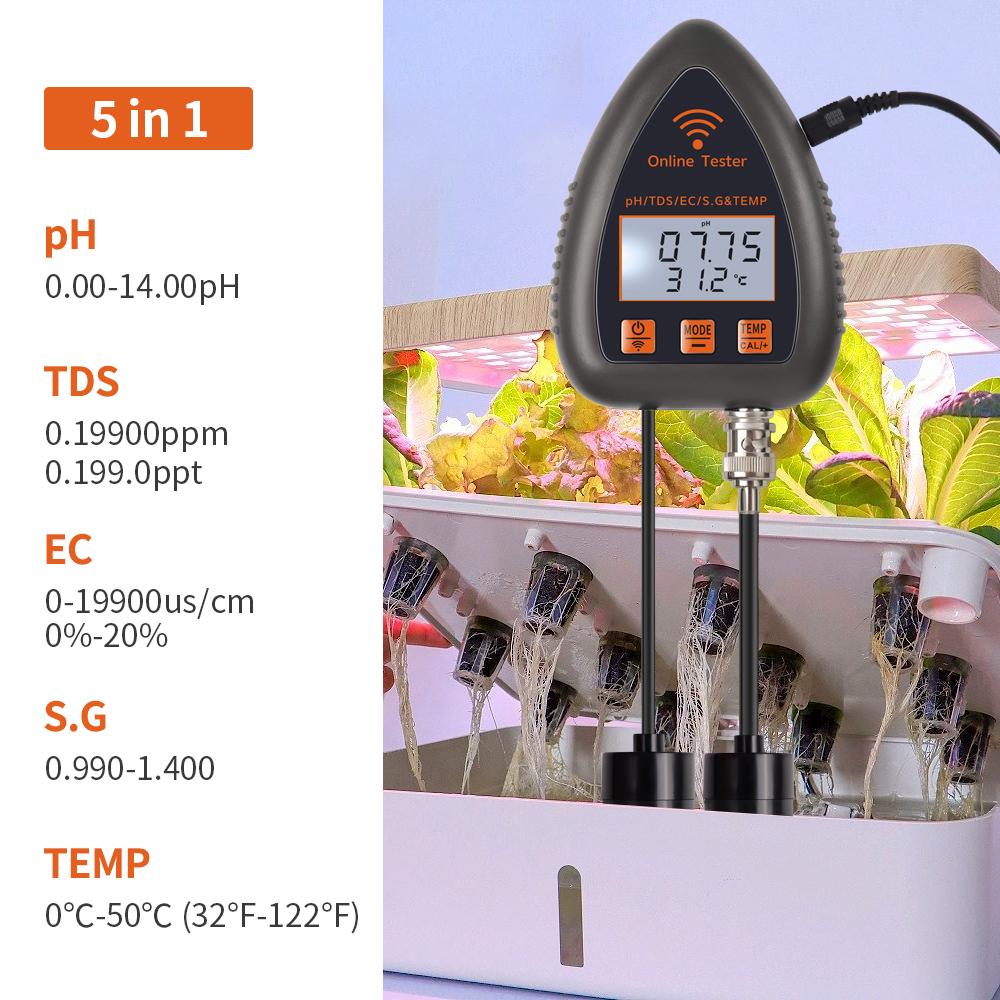 Tuya WiFi 5 In 1 TDS/EC/SALT/S.G./TEMP PH Meter Bluetooth APP Online Water Quality Monitor for Pool Aquarium Aquaculture