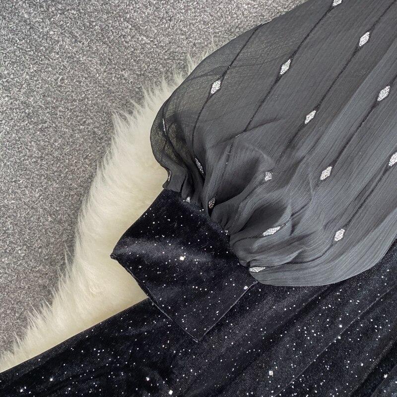 Новое осенне-зимнее супер сказочное элегантное платье с шифоновым воротником и блестками из бисера и бархата