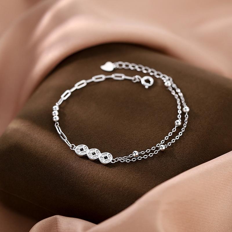 Стерлингового Серебра S925 Серебряный Браслет Китайский Стиль Браслет Счастливая Медная Монета Ретро Мода Двухслойный Браслет Из Бисера Для Женщин