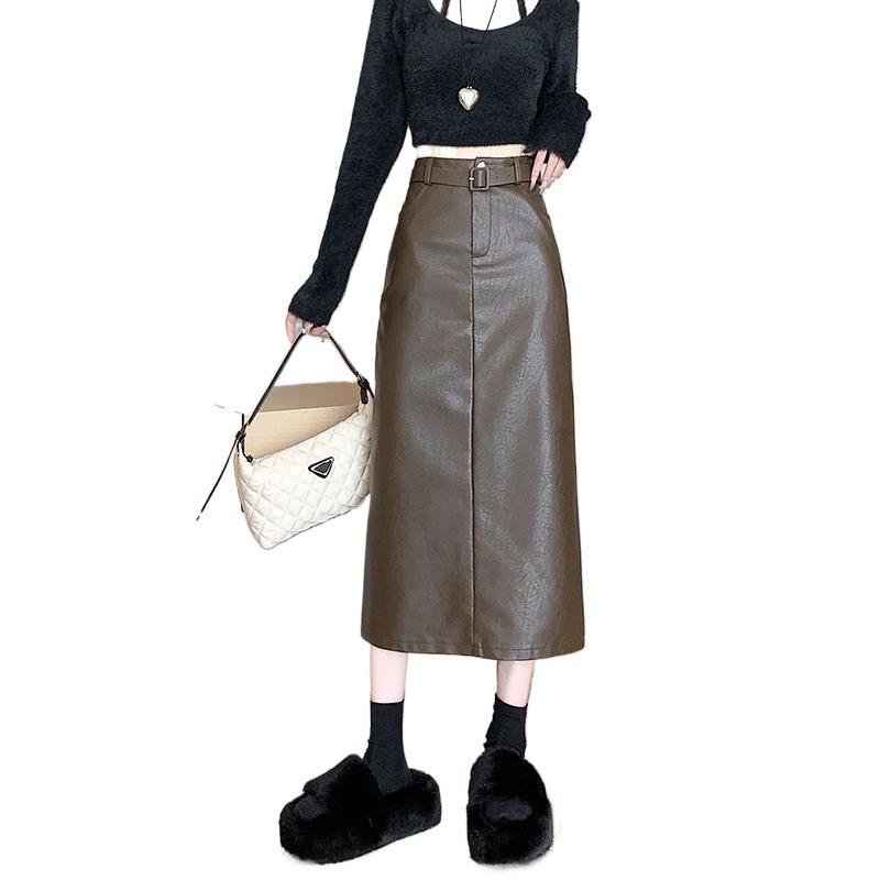 Кожаная длинная юбка женская новая корейская версия тонкой высокой талии иностранной юбки А-образного силуэта полудлинная юбка длинная юбка с одним шагом осень и зима
