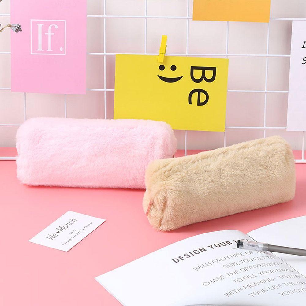 Makeup Pouch Handbags Plush Pencil Case Large Capacity Pencil Bag Stationery Pen Bag Solid Color