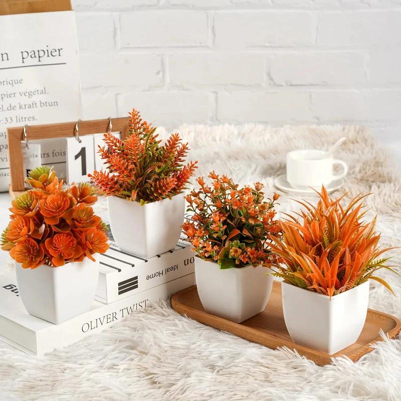 Top Quality Artificial Plants Autumn Potted Mini Ornaments Plastic Fake Flowers in Pot for Home Kitchen Room Fall Festival