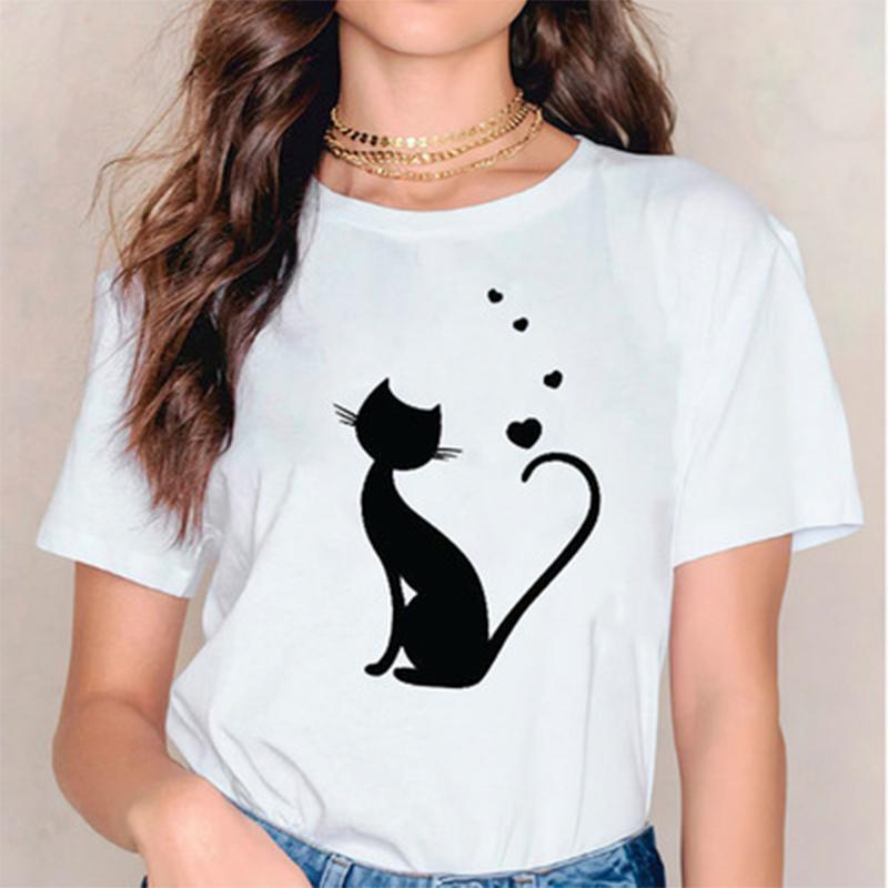 Fashion Women Black Cat Print T Shirt Funny Casual O-neck Short Sleeves T-shirt Summer Female Tee Shirt
