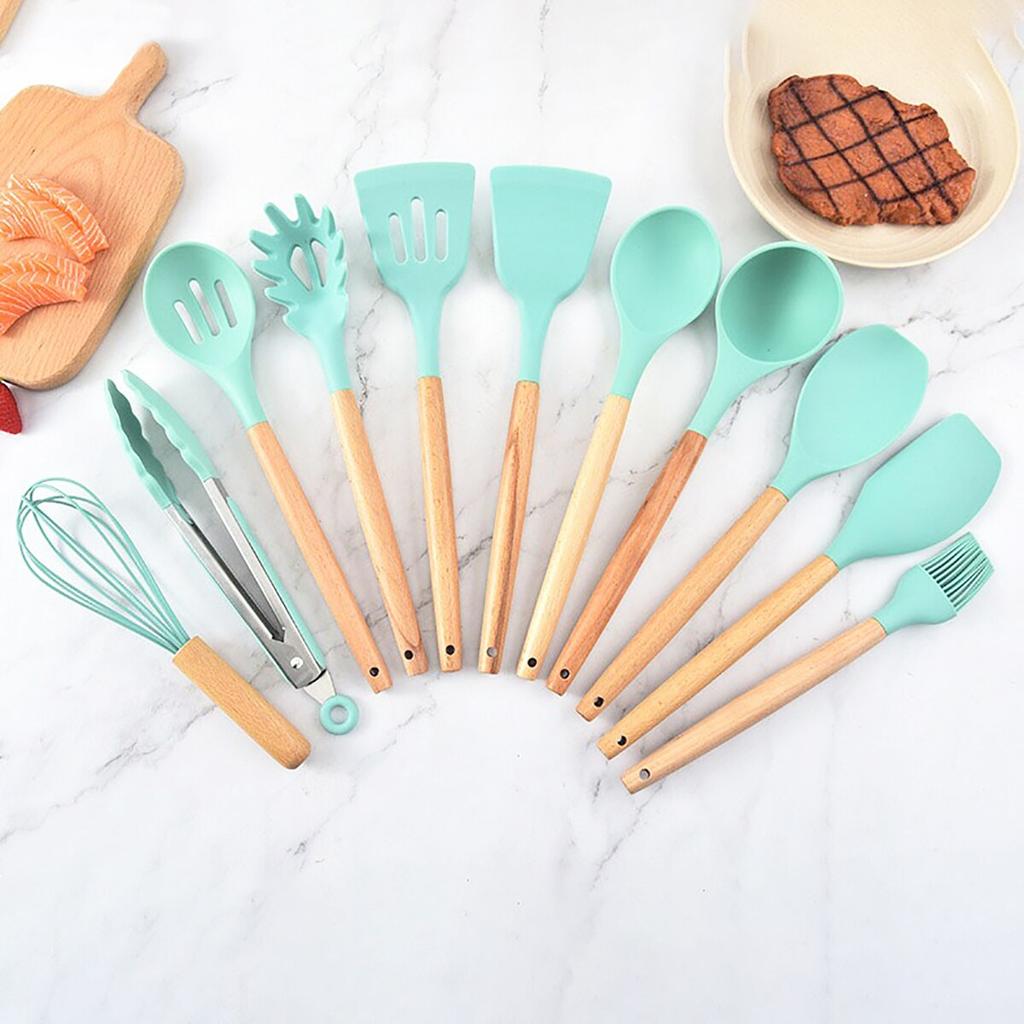 12 шт./компл., силиконовые кухонные принадлежности, термостойкие антипригарные кухонные инструменты для выпечки, набор посуды с деревянной ручкой и коробкой для хранения