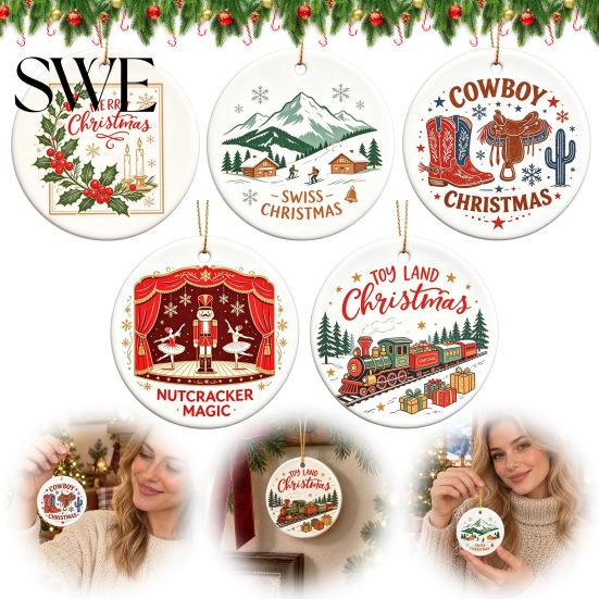 Xmas Tree Hanging Ornaments Ceramic Christmas Ornament, 2D Double Sided Cowboy/Nutcracker/Holy Berry Living Room Wall Decor Ornament for Holiday Tree,