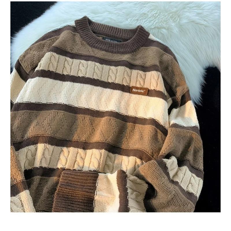 Unisex Loose Fit Long Sleeve Crew Neck Striped Knit Sweater For Autumn Winter