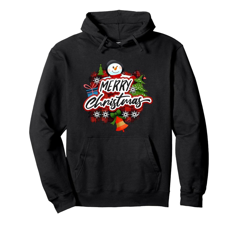 Snowman Merry Bell Light Pine Hoodie Design. Christmas, Branches.