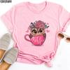 Summer New Gothic Women Cute Owl Print T-Shirt Fashion Thin Short Sleeve T Shirt Harajuku Casual Pink Top Female Clothing Tshirt