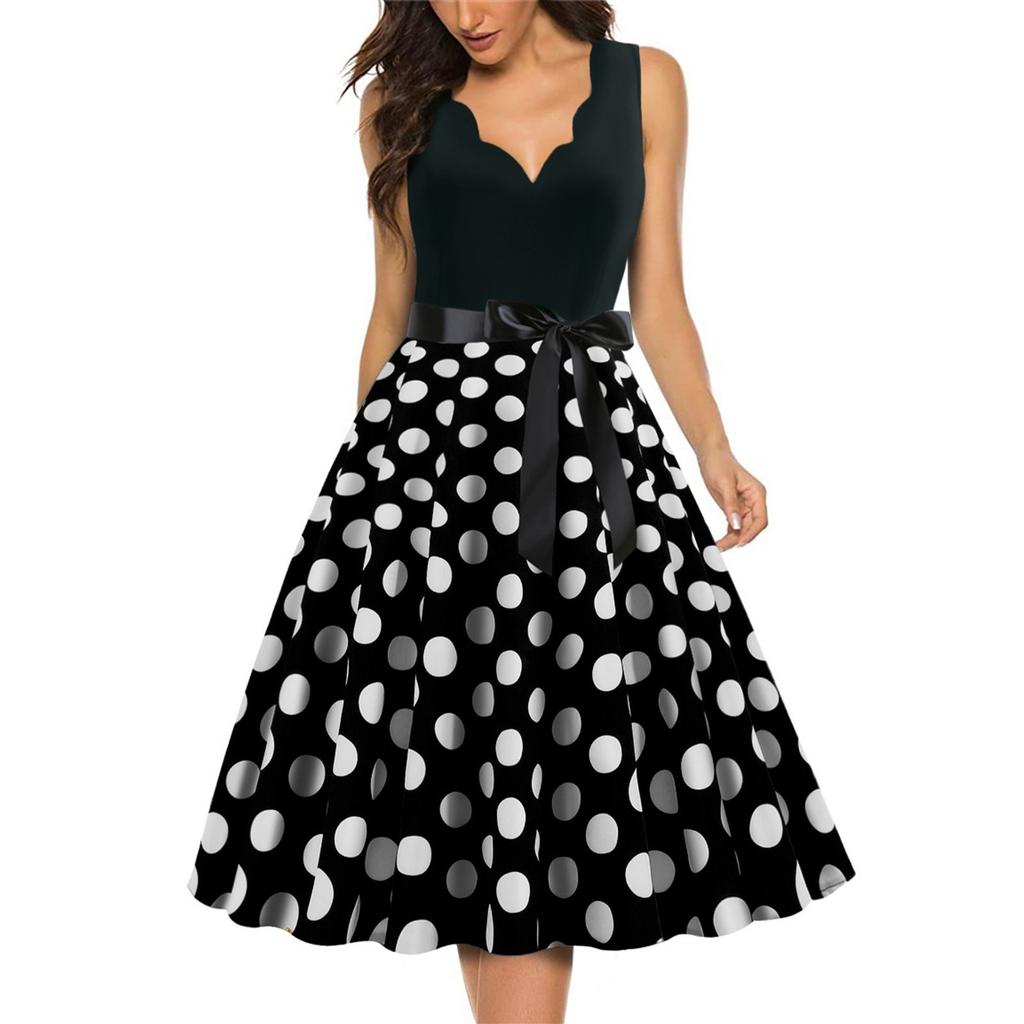 Women's Fashion Retro V-neck Polka Dot Print Swing Dress