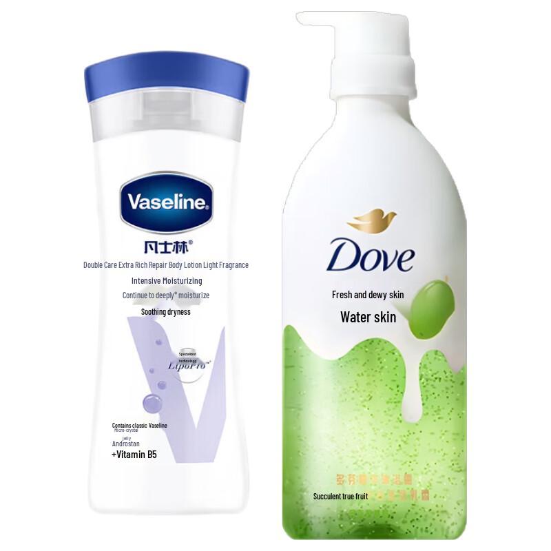 Vaseline Набор: Интенсивно восстанавливающий лосьон для тела 100 мл и Освежающий гель для душа Dove 620 г