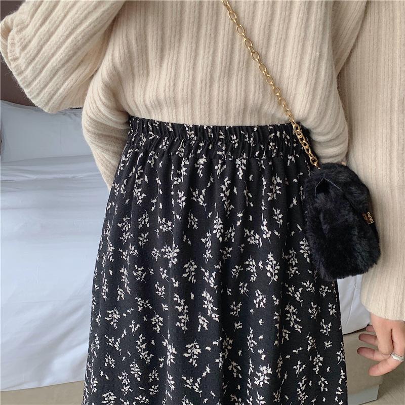 Vintage Floral Print A-line Long Skirts Summer Women Korean Skirt Streetwear Drawstring Elastic Waist Midi Skirt
