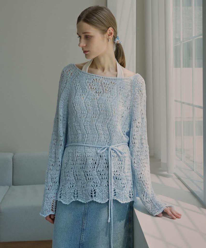VLETI Contrast Neck Raglan Wave Trim Knit & Waist Strin (Sky Blue)