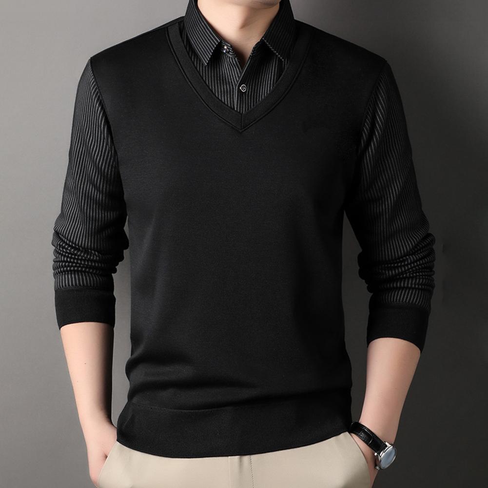 Men Sweater Fake Two-piece Shirt And Sweater Slicing Formal Business Style Turn-down Collar Long Sleeves Striped Office Autumn S