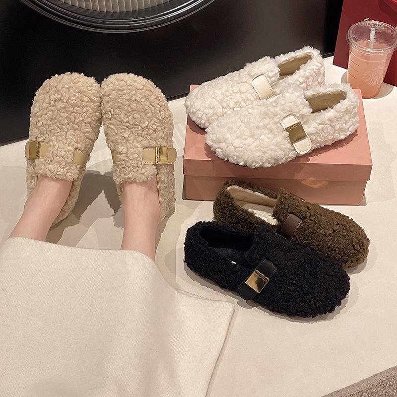 Flat bottom fluffy shoes women's winter plush lazy cotton shoes warm plush beanie shoes