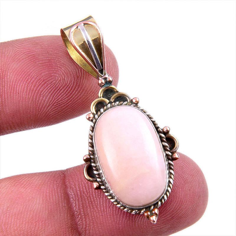 Natural Pink Opal Gemstone 925 Solid Sterling Silver Two Tone Pendant 1.50" W0y07