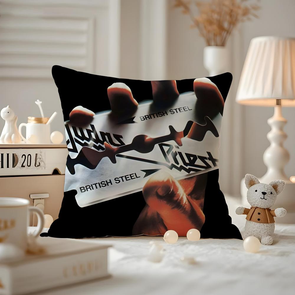 J-Judas-Priest Music Cushion Cover Anti-dustmite Pillowcase Invisible Zipper Silky Short Plush Sofa Cushion Cover
