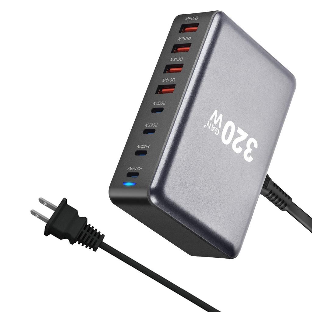 Настольное зарядное устройство 500 Вт на нитриде галлия с 8 портами: 6 USB-C и 2 USB-A