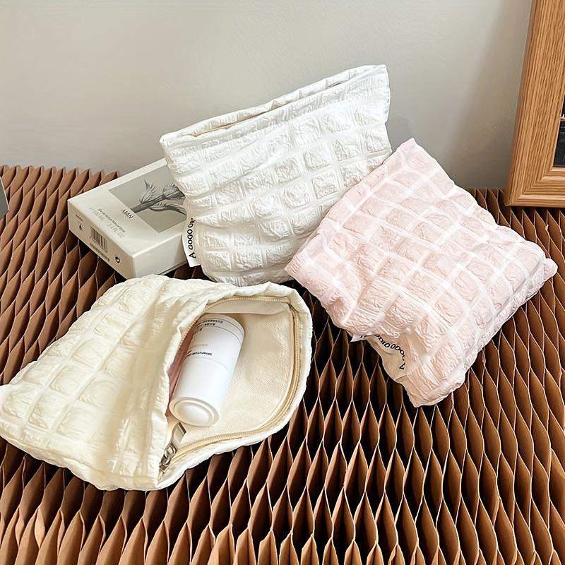 Small Plaid Makeup Bag - Portable Cosmetic Organizer with Multiple Compartments, Hand Washable - White, & Pink for Travel