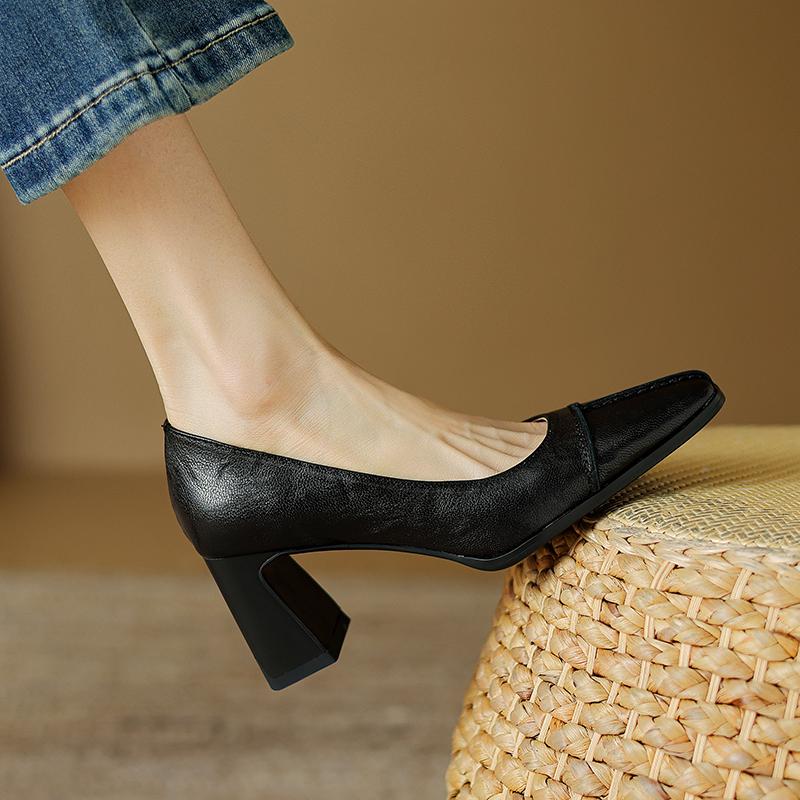 Мода 2024 Базовые женские туфли-лодочки Весна Лето Толстый высокий каблук Натуральная кожа Квадратный носок Зрелая офисная леди Рабочая обувь Женские туфли-лодочки