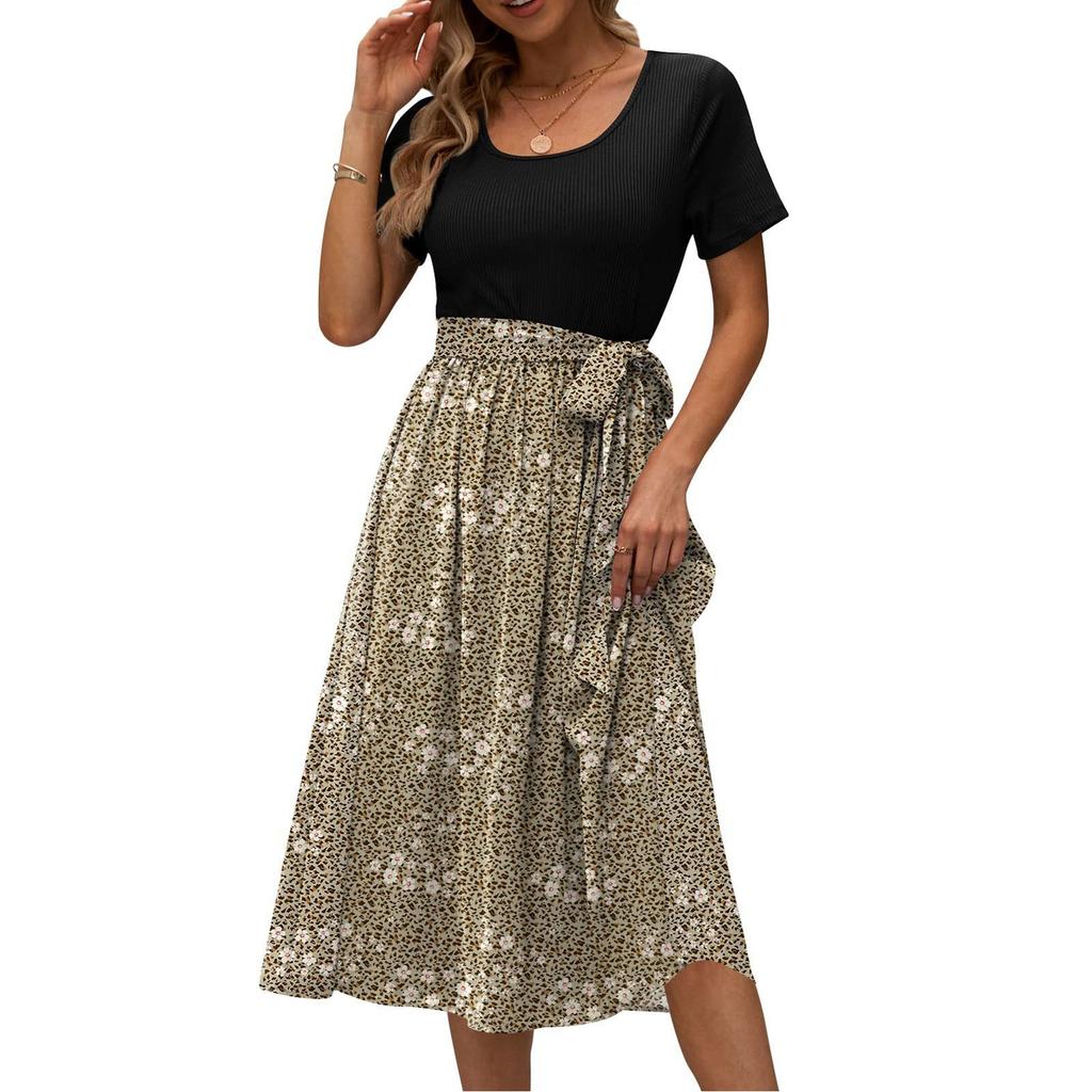 Платья миди, женское лоскутное платье с цветочным принтом, удобное повседневное вечернее платье с коротким рукавом и круглым вырезом