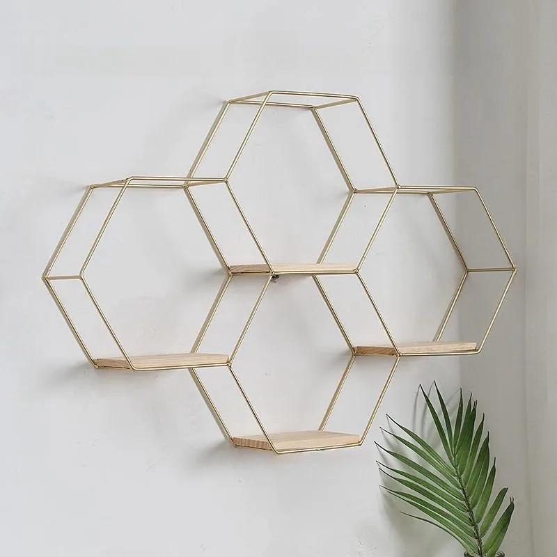 Iron Art Storage Shelf Wall Mounted Hexagon Storage Holder Storage Rack for Bedroom Living Room Office Organizer Decor