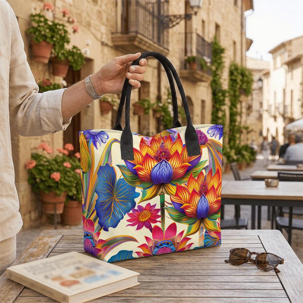 Colorful Lotus Print Tote Bag Casual Large Capacity Canvas Shoulder Bag for Daily Use