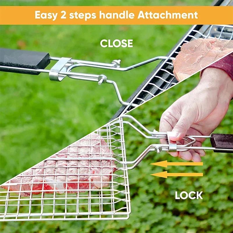 Foldable Grill Basket Bbq Portable Barbecue Kitchen Utensils Stainless Steel Removable Handle Steak Fish Accessories Accessory