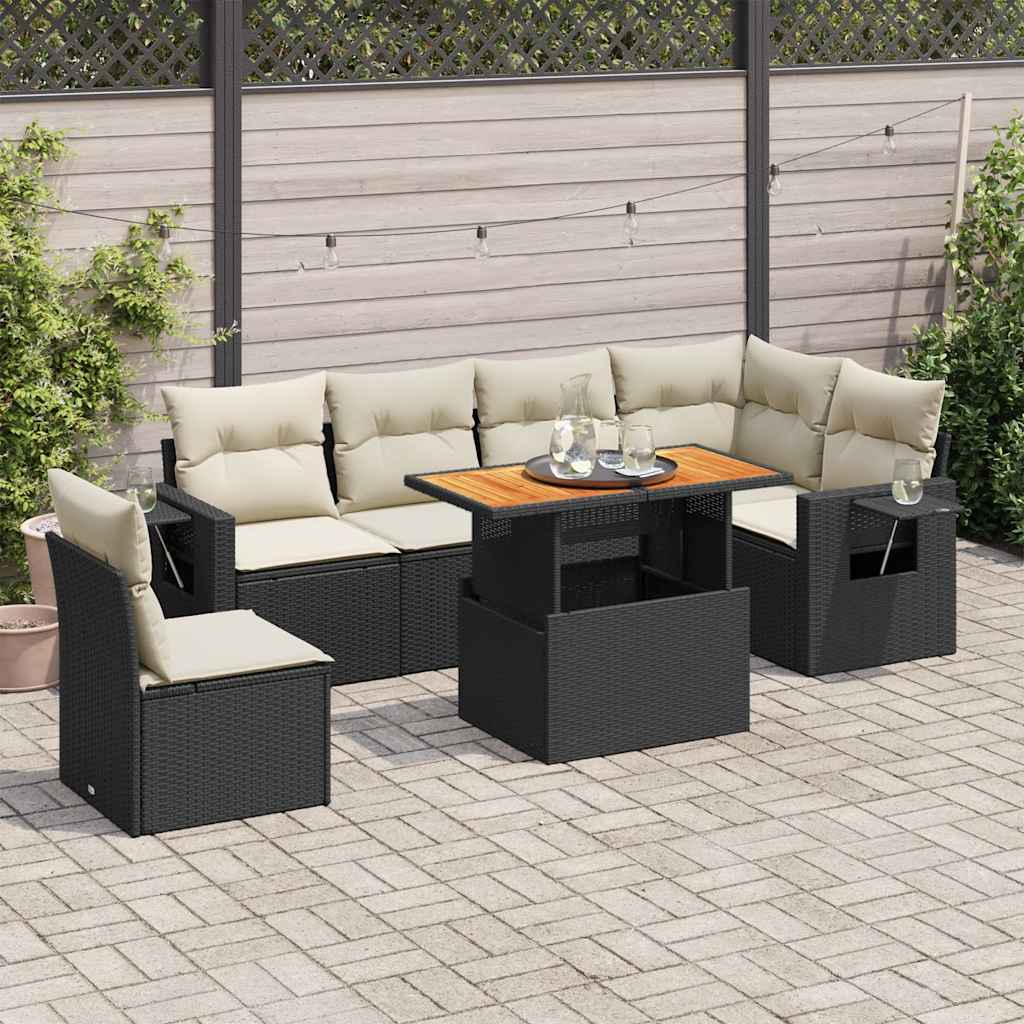 7 Piece Outdoor Sofa Set with Cushions Black PE Rattan