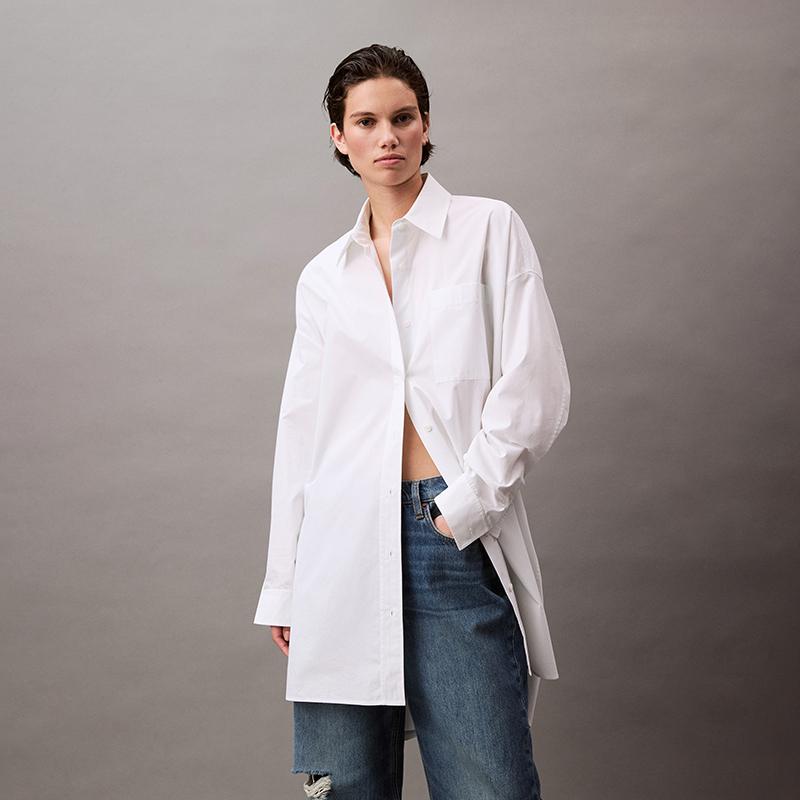 Calvin Klein Ss25 Хлопковое Свободное Минималистичное Платье с Длинным Рукавом Женские платья Лунно-Белый 47AB001