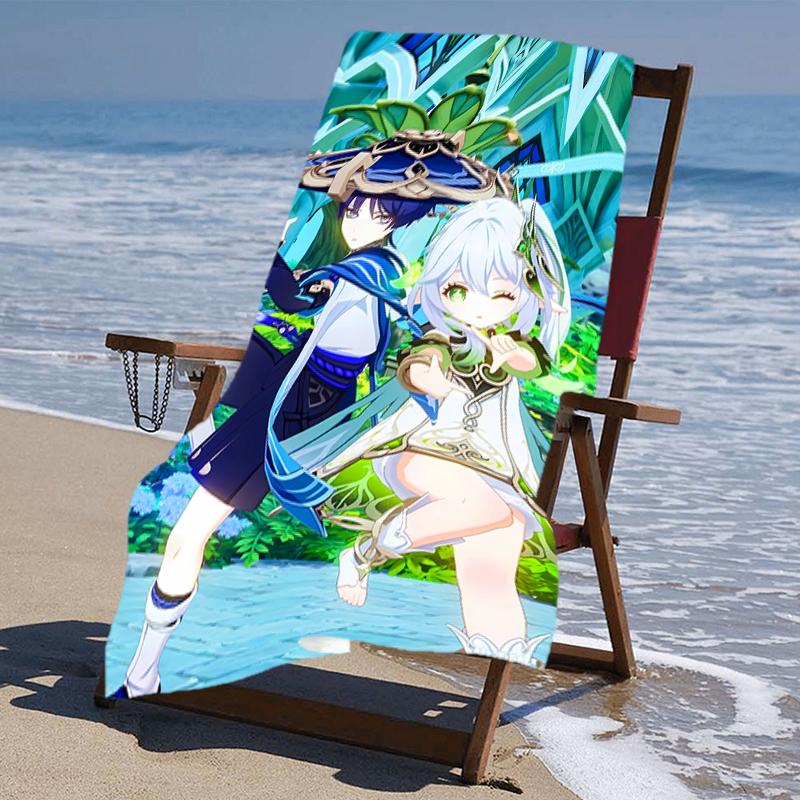 proof beach towel with a Genshin Impact characters8 pattern - soft,absorbent,quick-drying,machine washable - perfect for swimming,camping,bathing