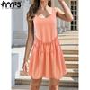 Women's Fashion Summer Spring Solid Color Print Sleeveless V-Neck Loose Waistline Casual Dresses