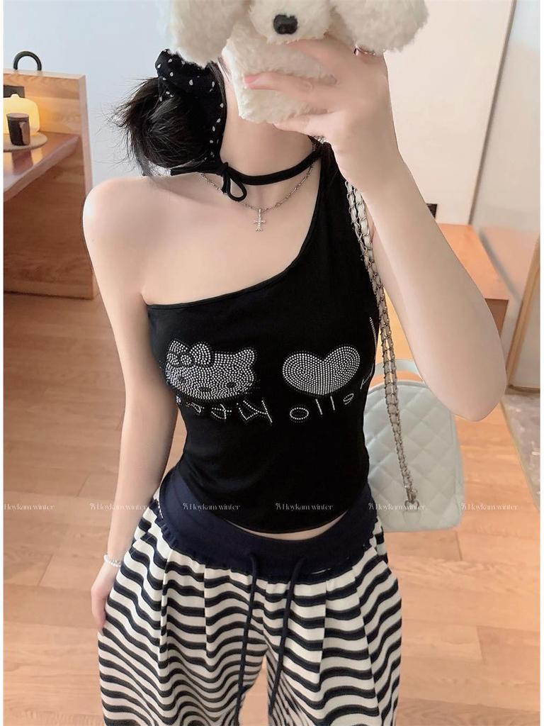 Summer Sweet & Spicy Cartoon One-Shoulder Vest with Chest Pads