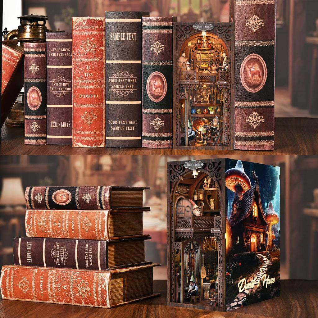 Набор для книжной полки - DIY 3D деревянный пазл миниатюрный кукольный домик книжная полка с книжными упорами и светодиодной подсветкой с сенсорным управлением "Веселый дом гнома"