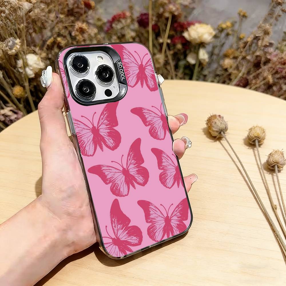 Pink Butterfly Pattern Phone Case For iPhone 17,16,15,14,13,12,11 Plus,Pro Max,XS,Colorful Silver Phone case Funda Cover