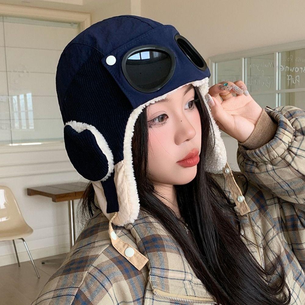Beanie Winter Pilot Hat With Goggles Anti Fog Plush Hat Fashion Warm Ski Hat Women/Men