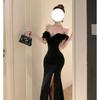 One-word Shoulder Dress Long Dress Women's Spring Ruffle Edge Temperament Socialite High Split Evening Dress Dress