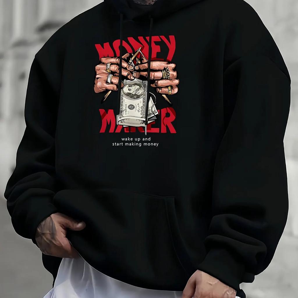 Kpop Trend Hustle Graphic Hoodie For Guys Wealth Cash Front Print Soft Korean Daily Oversized Hip Hop Hooded Top