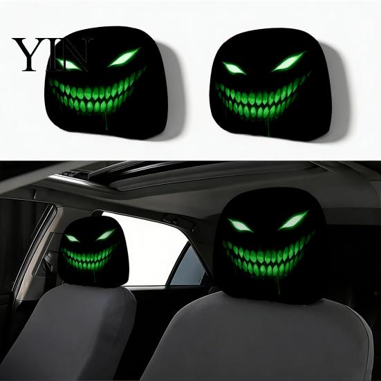 Easy Clean Seat Covers 2Pcs Spooky Car Headrest Covers, Cartoon Evil Face Auto Polyester Protectors, Elastic Protectors for Cars Trucks SUVs