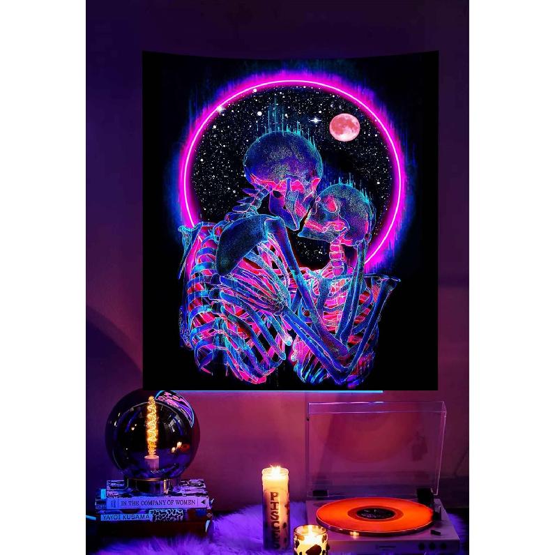 Onivein Blacklight Skull Tapestry Glow In The Dark Tapestry The Kissing Lovers UV Reactive Neon Moon Stars Tapestries Posters Wall Hanging for