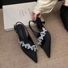 2025 Summer New Chinese Pointed Rhinestone Bag Head Sandals Women's Butterfly Satin High Heels Thin Heel One-word Strap Single Shoes